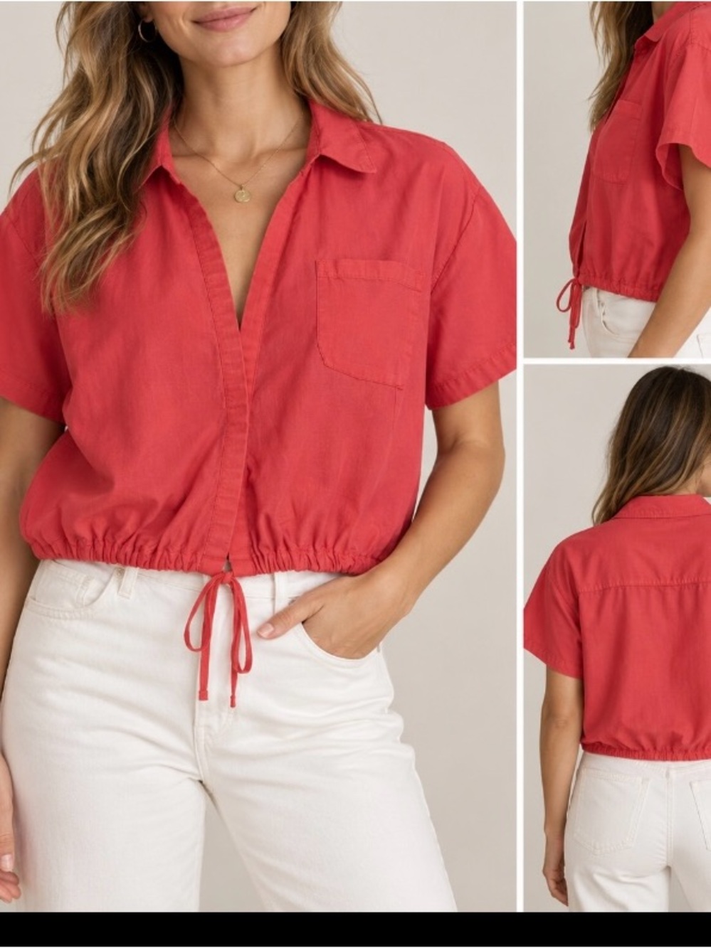 Athleta Cropped Linen  Shirt in Coral Red L